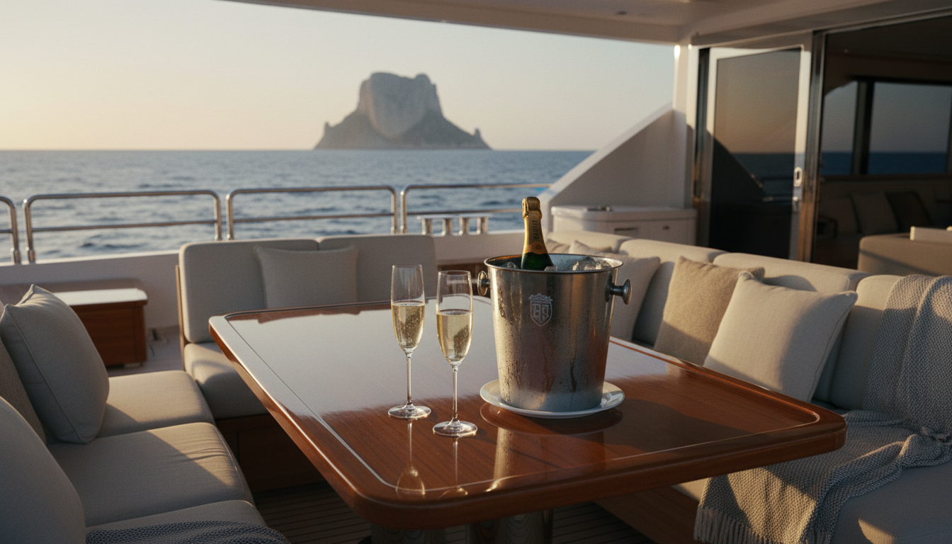 ibiza sonnenuntergang vom meer – luxusyacht auf deck Luxusyacht-Deck mit Champagnergläsern auf Teak-Tisch, bequeme Polster, goldenes Licht — ibiza sonnenuntergang vom meer