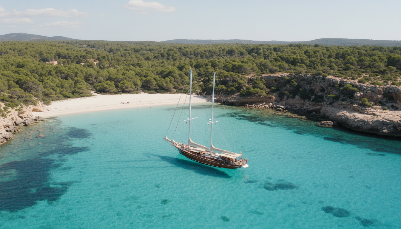 Inselhopping Mallorca: Luxusyacht in türkisener Bucht Drohnenaufnahme einer Luxusyacht in türkisfarbener Bucht nahe Mallorcas Küste – ideal für Inselhopping Mallorca
