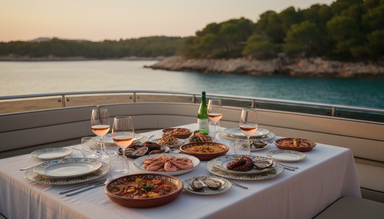 Inselhopping Mallorca Yacht Dinner Abend Sonnenuntergang auf dem Yachtdeck mit mediterranem Dinner, Wein und Blick auf die Küste – inselhopping mallorca.