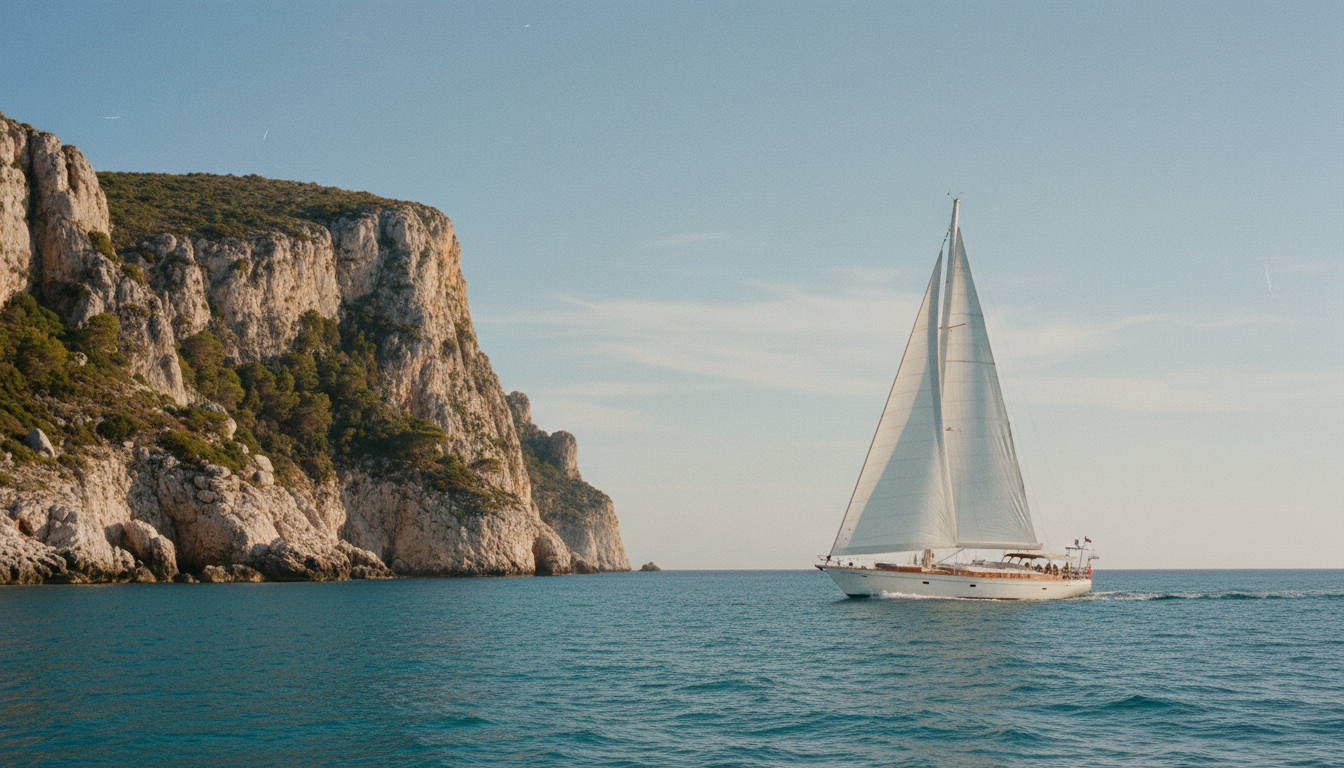 Inselhopping Mallorca – Yacht vor Felsklippen Inselhopping Mallorca: Segelyacht gleitet im ruhigen Mittelmeer vor dramatischen Kalkfelsen, nah an der Wasserlinie.