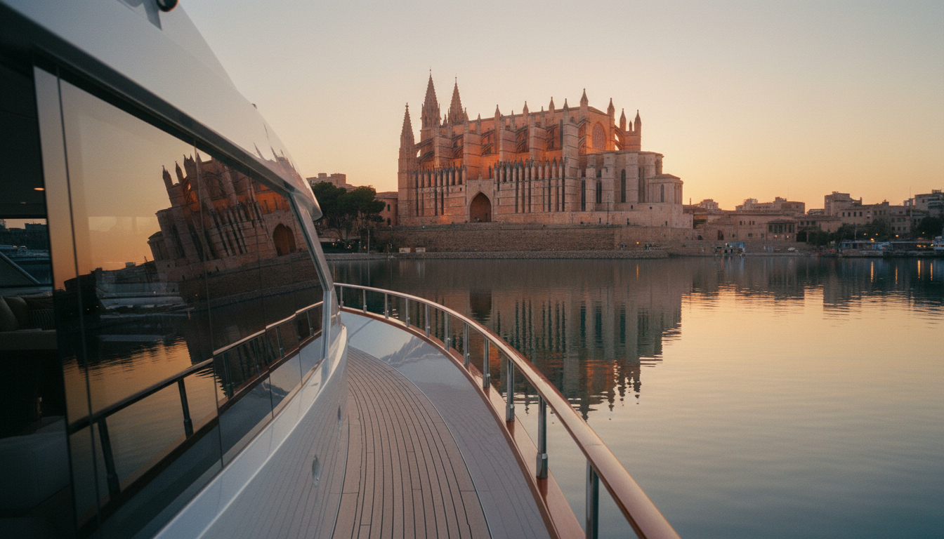 Blick vom Luxusyacht-Deck zur Kathedrale von Palma bei Sonnenuntergang, Spiegelung im Hafen.