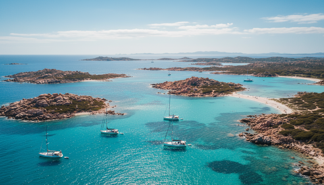 La Maddalena Archipel: Drohnen-Luftbild Türkis Drohnenfoto des la maddalena archipel: türkiswasser, Granitinseln, weiße Strände, Yachten