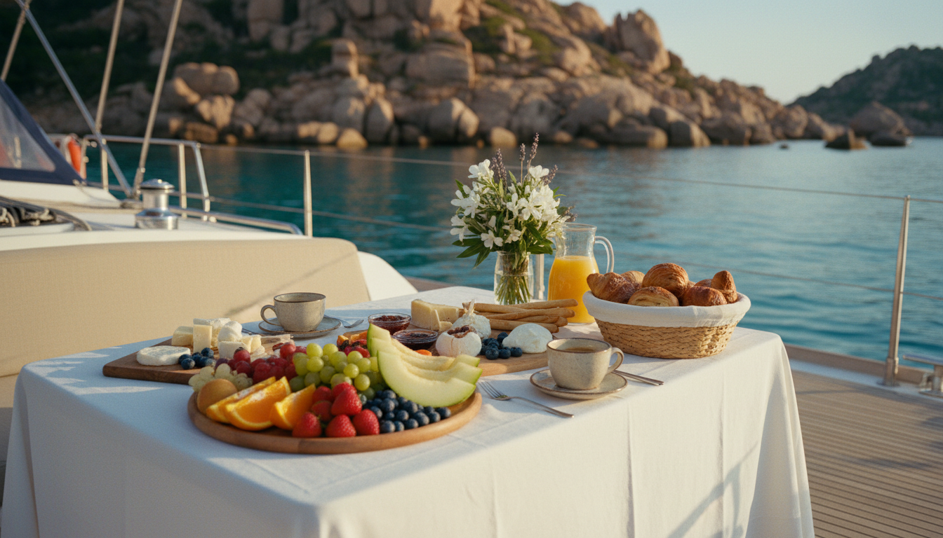 La Maddalena Archipel: Yacht Frühstück genießen Segelyacht-Deck mit Frühstück: frische italienische Speisen, Obst und Kaffee in türkisener Bucht im La Maddalena Archipel