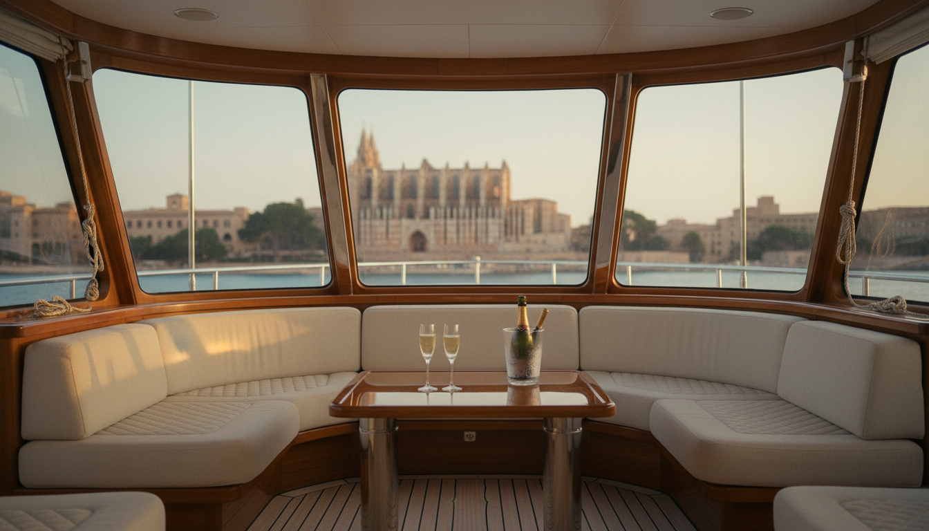 Luxusyacht-Innenraum mit eleganter Deck-Sitzgruppe, Sektgläsern und Blick auf die Kathedrale von Palma durch große Fenster