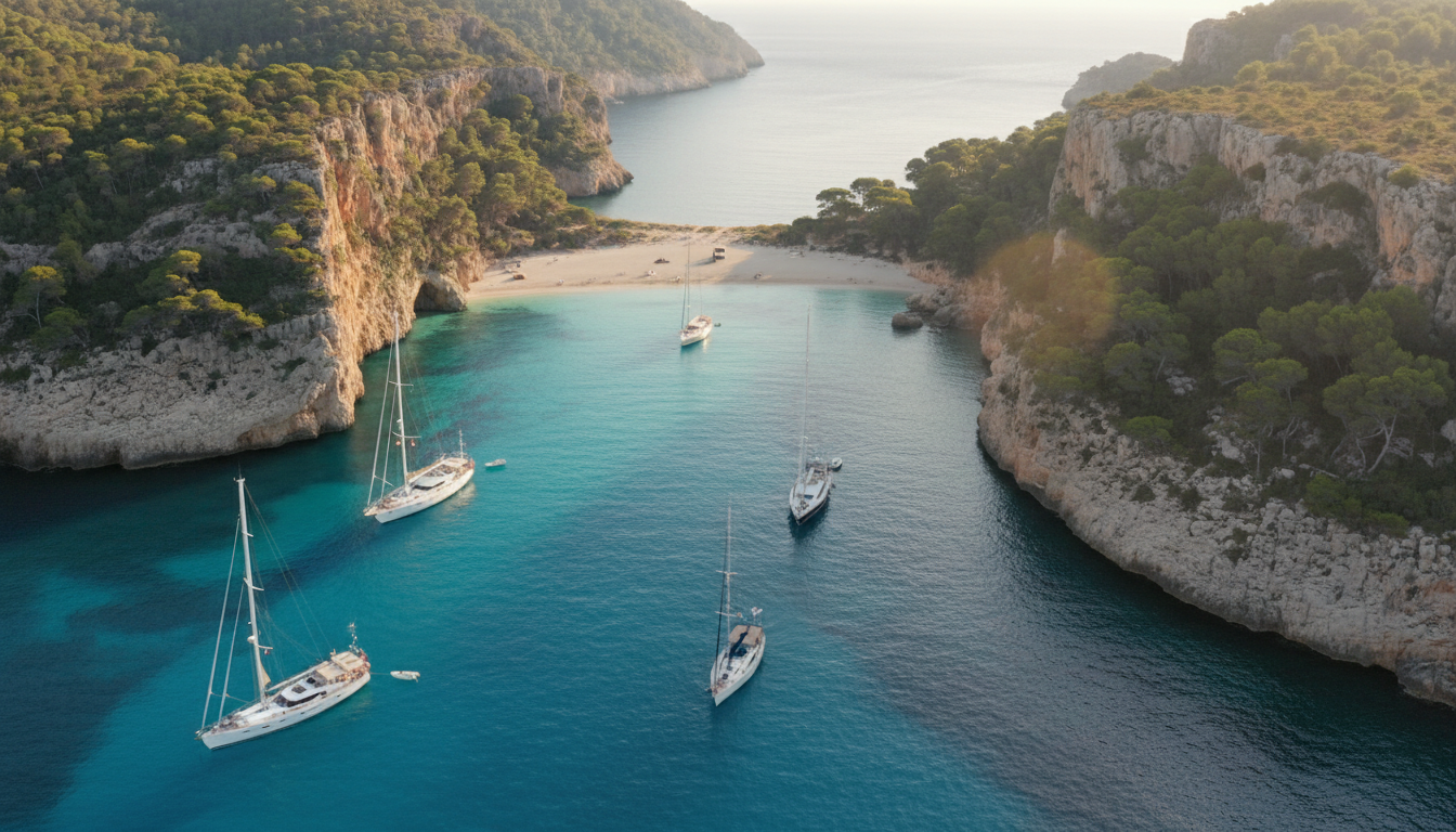 Mallorca Segelrouten: Traumhafte Buchten per Yacht Drohnenaufnahme: türkisfarbene Bucht auf Mallorca mit Sandstrand und Segelbooten – ideal für mallorca segelrouten.