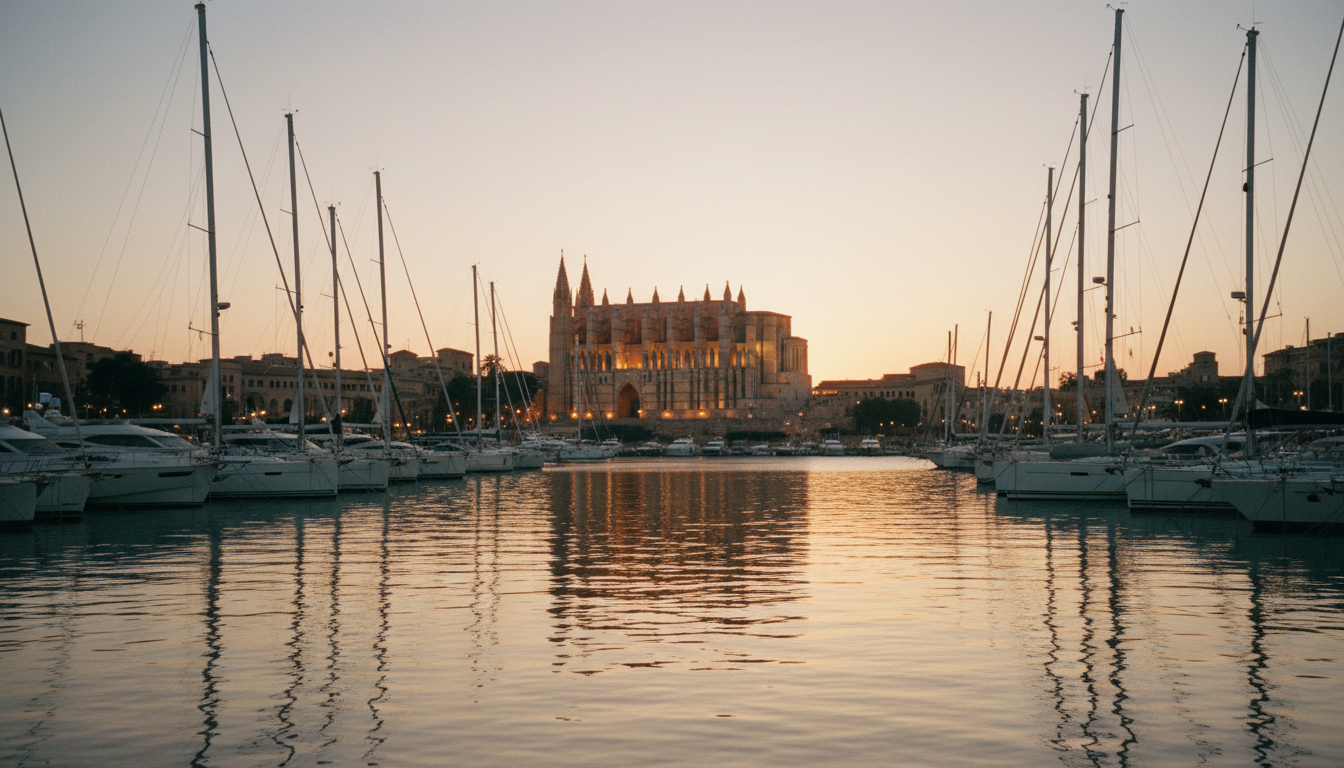 Mallorca Segelrouten: Sonnenuntergang Port de Palma Port de Palma bei Sonnenuntergang mit Luxusyachten und La Seu Kathedrale — ideale Mallorca Segelrouten-Stimmung