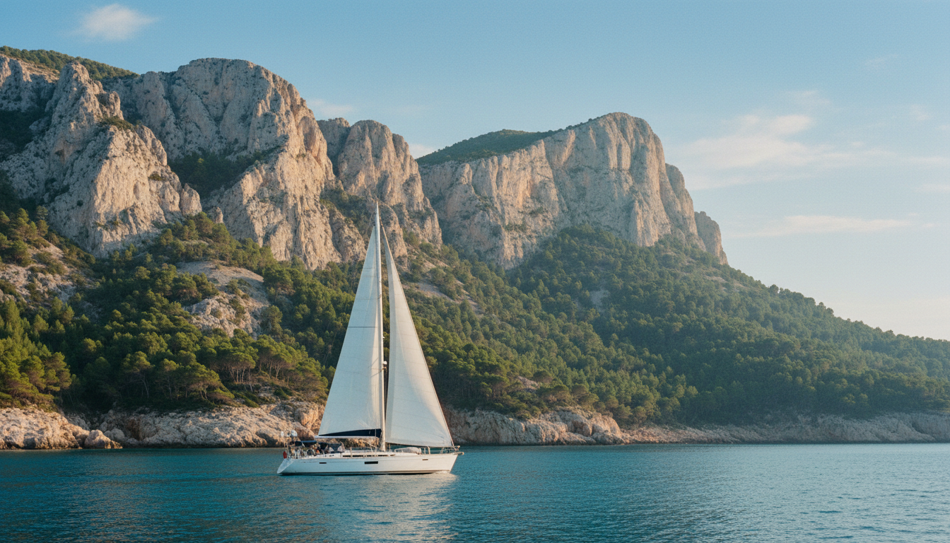 Mallorca Segelrouten: Yacht vor Tramuntana-Küste Mallorca Segelrouten: Weiße Segelyacht vor den dramatischen Klippen der Tramuntana, türkisblaues Mittelmeer, sonniger Tag