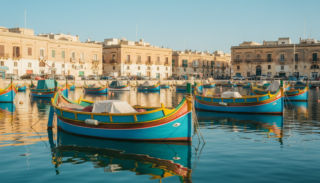 Traditionelle maltesische Luzzu im Hafen bei Malta im April, farbenfrohe Fischerboote mit Auge und Kalksteinbauten.