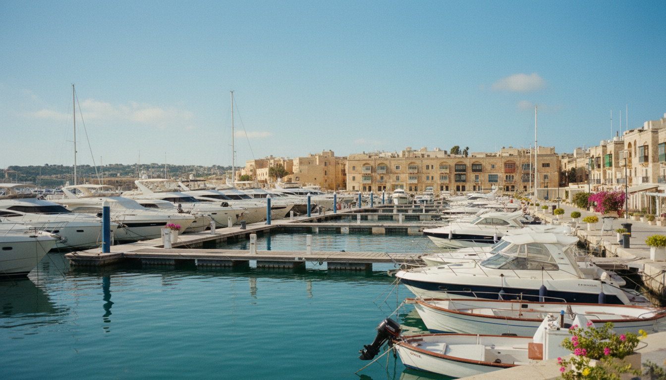 Marina in Malta im April mit modernen Yachten, Kalksteinarchitektur und strahlend blauem Himmel