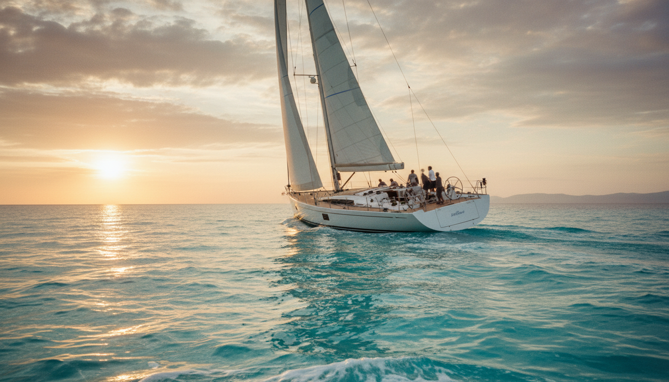 Mittelmeer Segelzeiten: Yacht im Goldenen Licht Segelyacht in goldener Stunde auf türkisblauem Wasser, Crew an Deck, Mittelmeer Segelzeiten, dramatischer Wolkenhimmel.