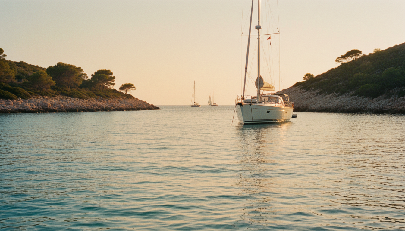 Mittelmeer Segelzeiten im Herbst: Ruhige Ankerbuchten Herbstliche mittelmeer segelzeiten: Yacht vor Anker in ruhiger türkiser Bucht bei goldenem Abendlicht, Boote in der Ferne