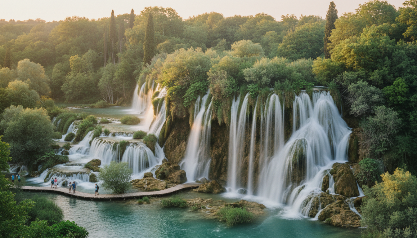 Roski slap Wasserfall mit Kaskaden und Holzsteg, türkisfarbenes Wasser und grüner Wald im Nationalpark Krka bei Golden Hour