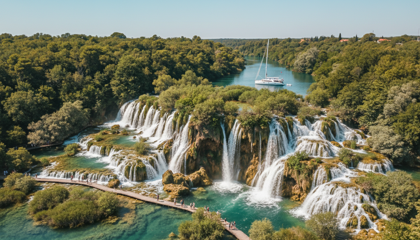Atemberaubendes Luftfoto im Nationalpark Krka: Skradinski buk mit türkisfarbenen Becken, Holzstegen und Luxusyacht