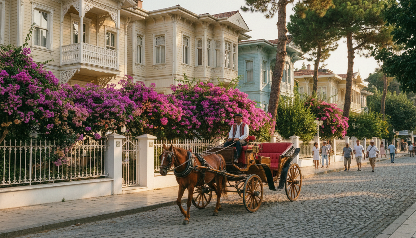 Prinzeninseln Yachttrip: Fayton auf Büyükada, viktorianische Holzvillen, Kopfsteinpflaster und Bougainvillea im Sonnenlicht.
