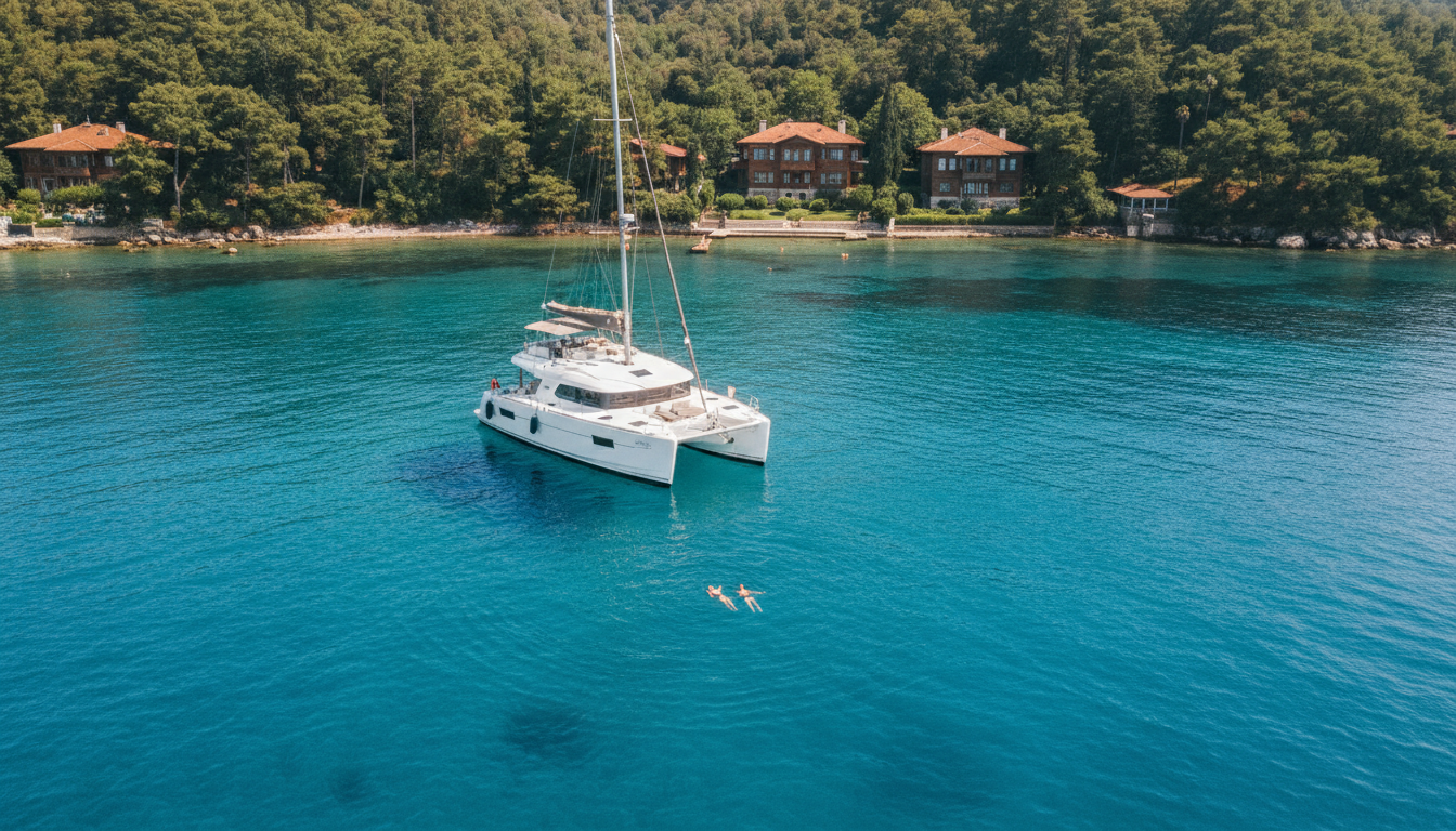 Luftaufnahme eines Katamarans in türkisener Bucht bei Heybeliada, prinzeninseln yachttrip mit Schwimmern und Pinienküste