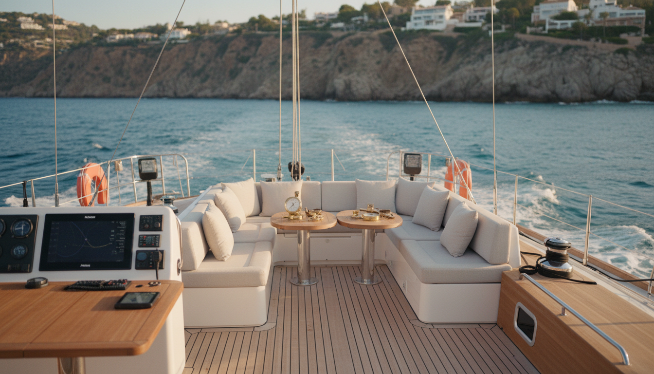 Private Bootstour Spanien mit Luxus-Segelyacht Private Bootstour Spanien: Deck mit gemütlicher Sitzgruppe, nautischen Instrumenten und spanischer Küste im Abendlicht