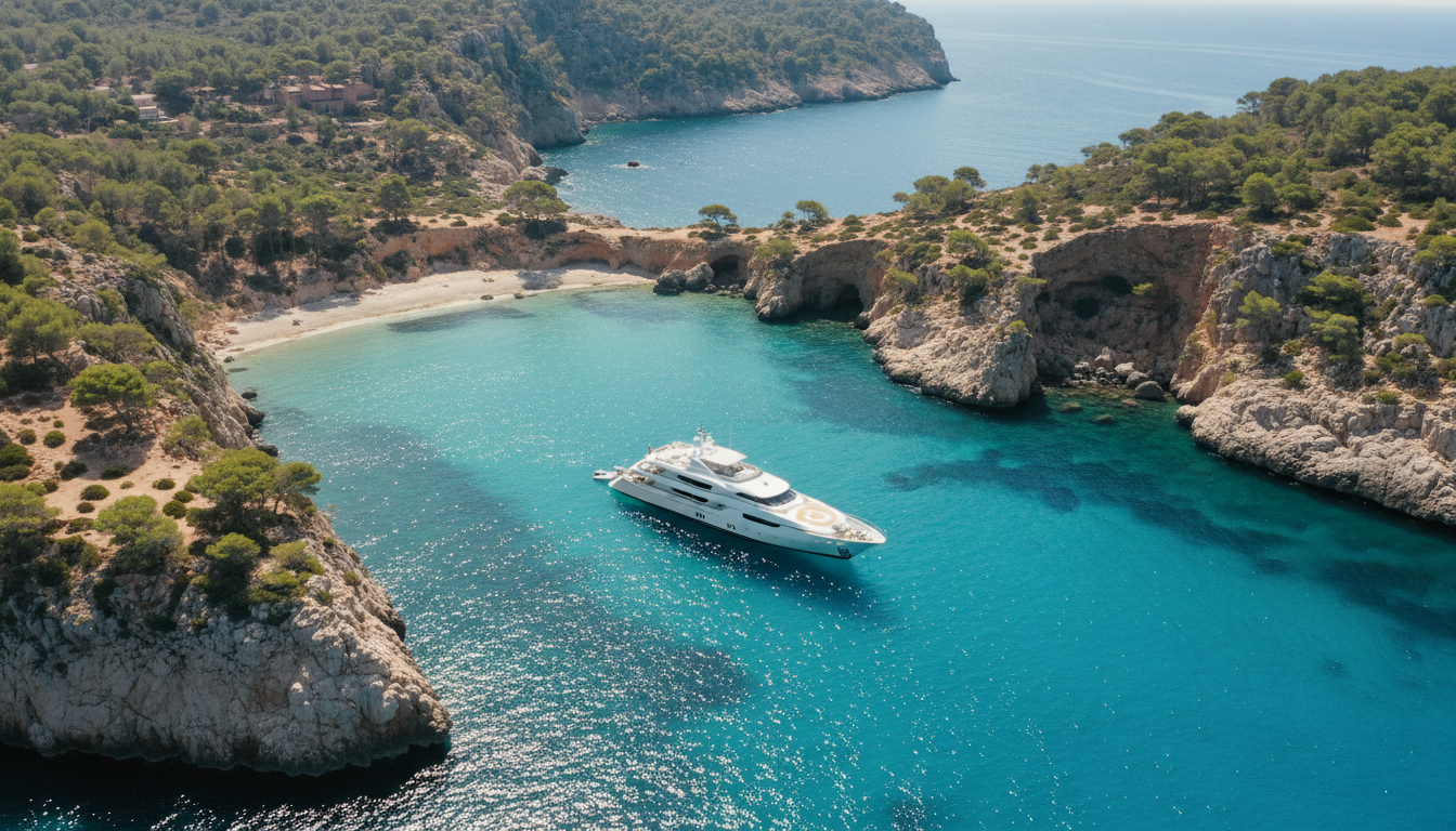 Private Bootstour Spanien - Luxusyacht in türkis Atemberaubende private bootstour spanien: weiße Luxusyacht in kristallklarer türkisfarbener Bucht vor felsiger Küste