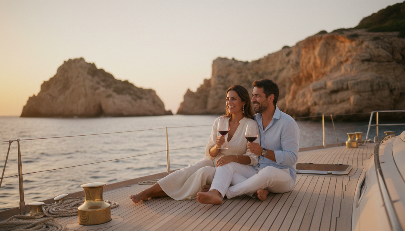 Private Bootstour Spanien: Romantische Yacht-Sunset Romantisches Paar auf Yachtdeck bei Sonnenuntergang mit Wein – private bootstour spanien an der mediterranen Küste
