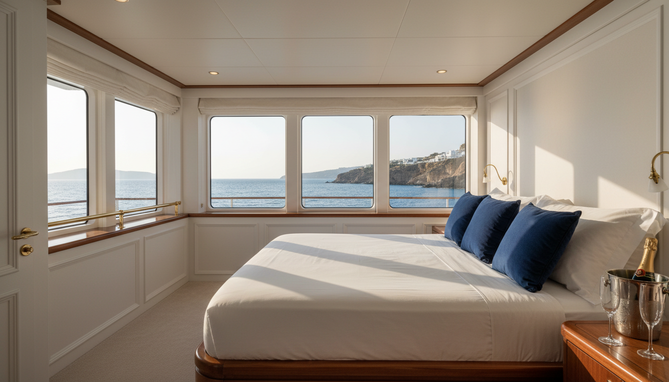 Masterkabine für Paare bei romantischer yachturlaub griechenland mit Panoramafenstern, weiß-navy Interieur und Champagner