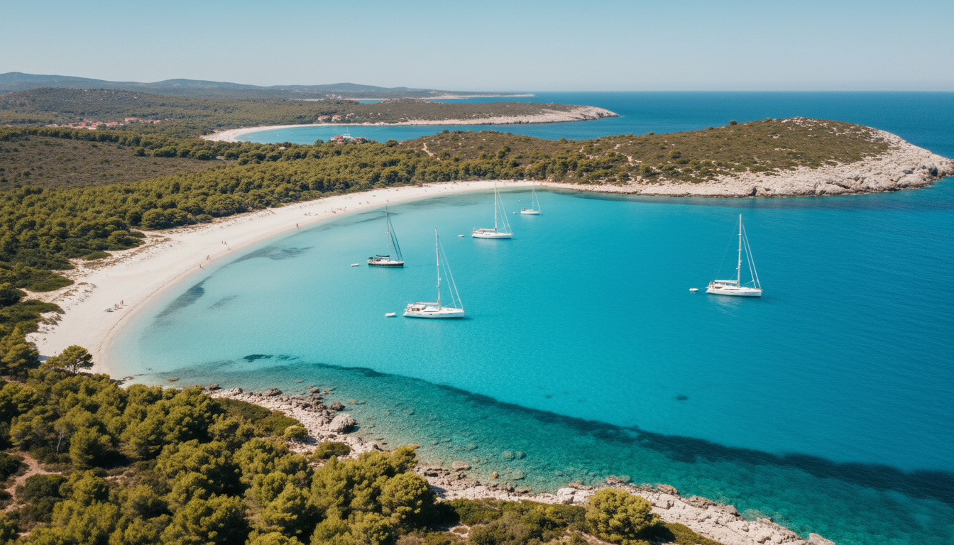 Sakarun Bay - beste buchten kroatien, tuerkis Drohnenaufnahme von Sakarun Beach auf Dugi Otok mit weißem Sand, türkisfarbenem Wasser und Segelbooten beste buchten kroatien