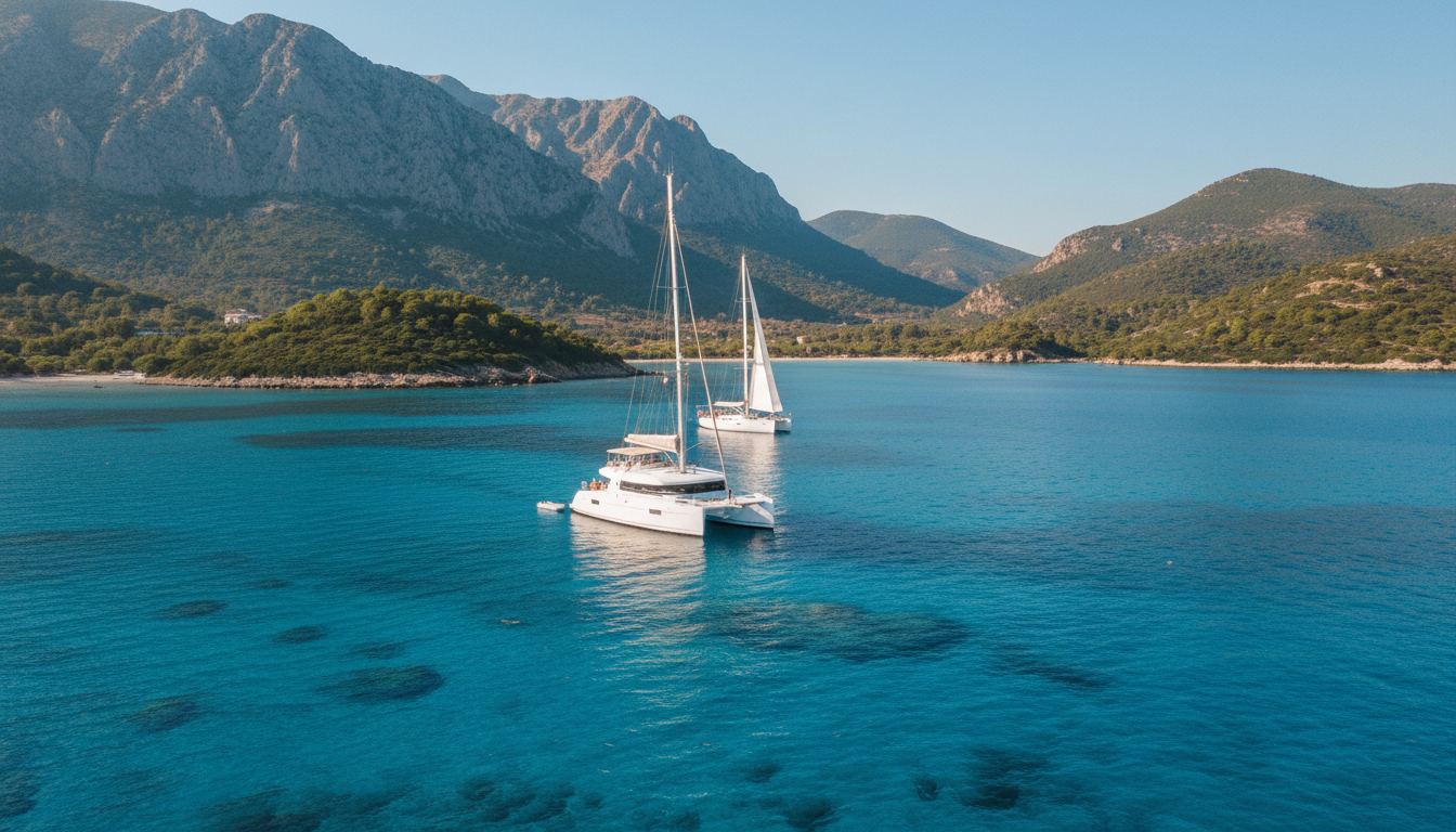 Samos Katamaran segelt an tuerkis Kueste Luftaufnahme eines weißen Luxus-Katamarans vor der türkisfarbenen Küste von Samos