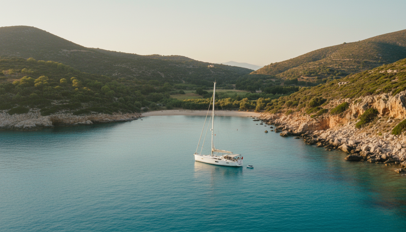 Samos Luxussegler in tuerkiser Badebucht Luxusyacht auf Samos ankert in türkisfarbener, geschützter Bucht, kristallklares Wasser und grüne Klippen