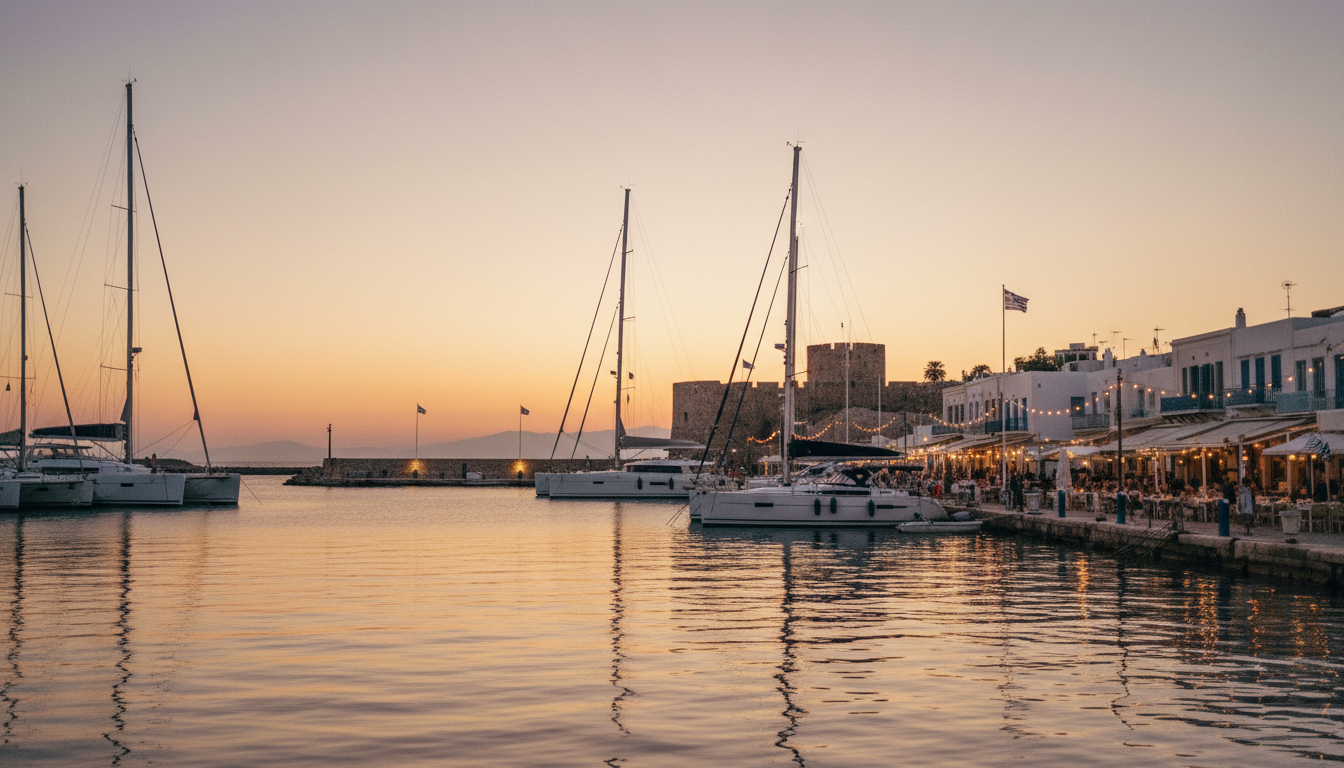 Samos: Hafen von Pythagoreio bei Sonnenuntergang Samos: Luxusyachten im Pythagoreio-Hafen bei goldener Stunde, antike Architektur und Wasserreflexe