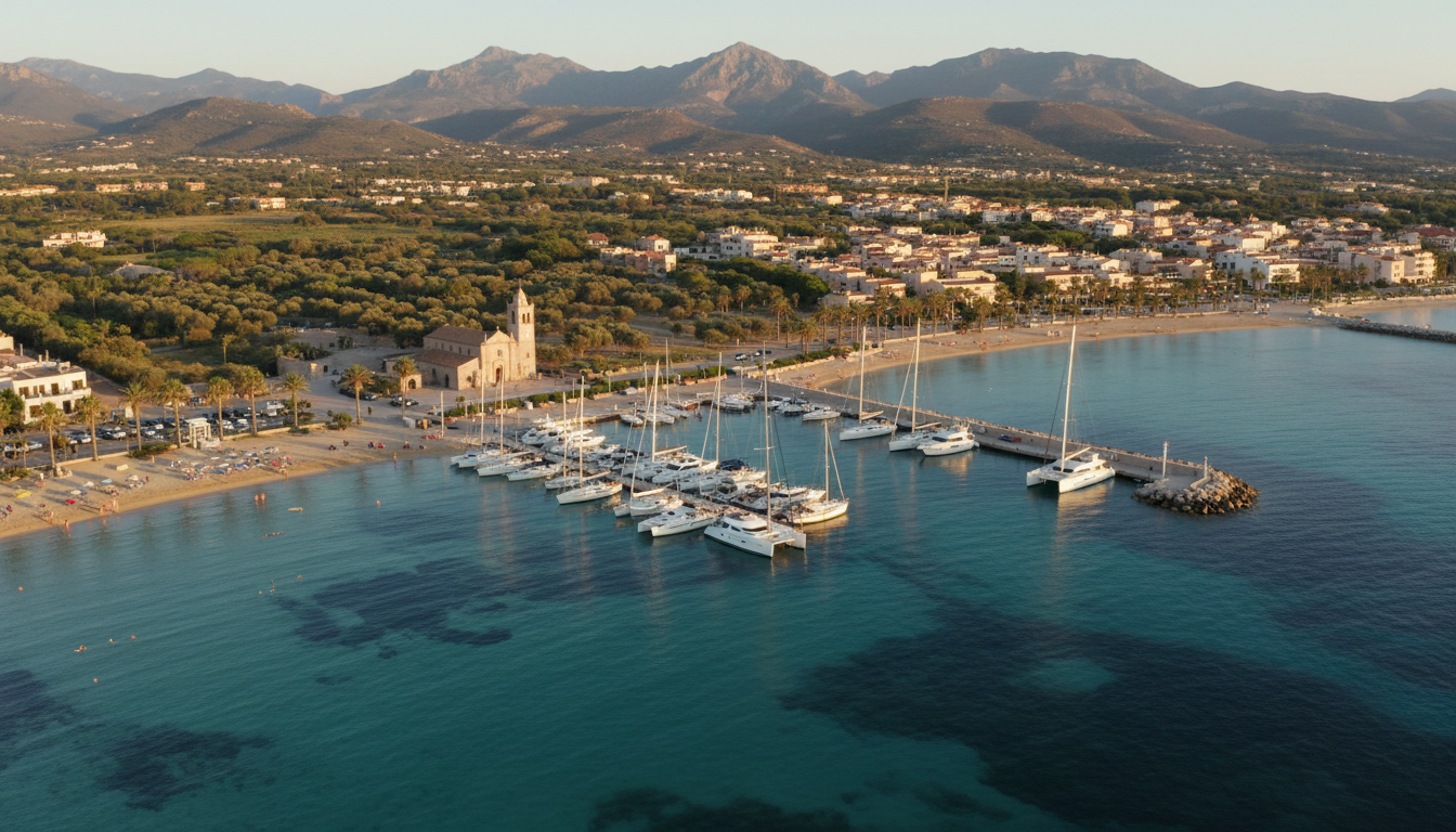 Luftaufnahme von Santa Maria Navarrese: Marina mit Yachten, türkisfarbenes Meer, Strand, Kirche und Olivenbäume