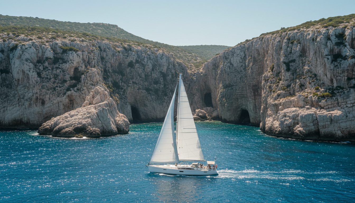 Segelyacht vor steilen Kalkklippen bei Santa Maria Navarrese, türkisfarbenes Wasser, versteckte Buchten, klarer Himmel