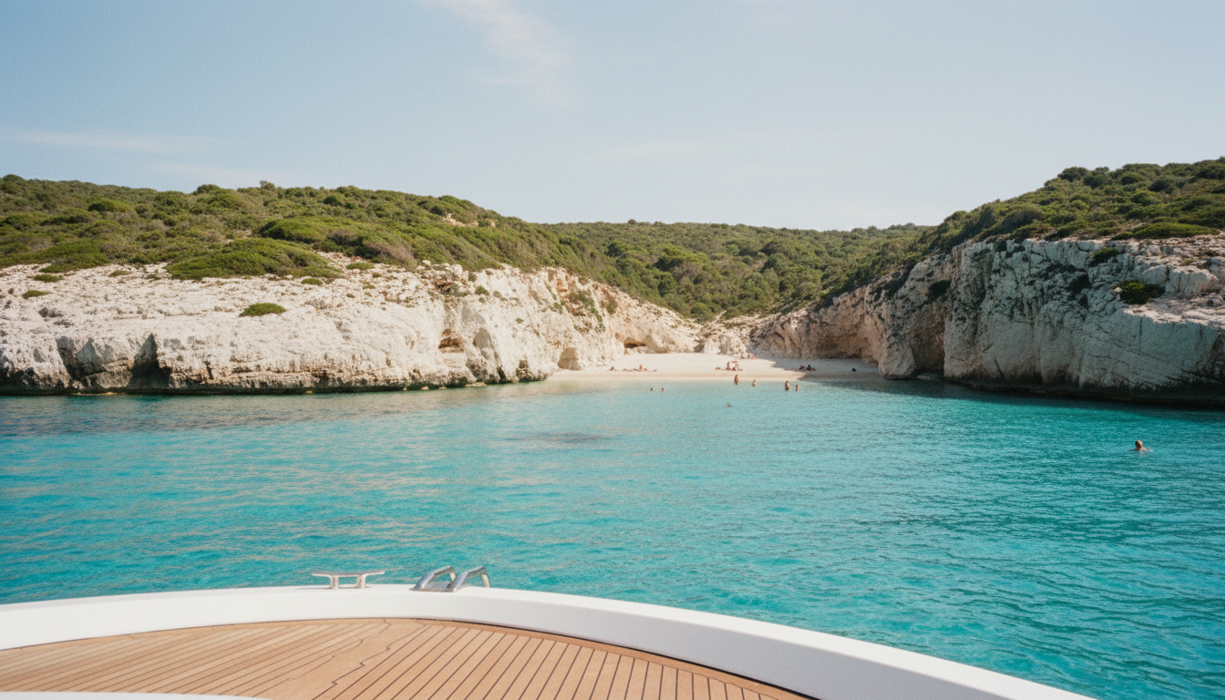 Sardinien Yacht Tagescharter: Blick vom Deck auf eine abgelegene türkisblaue Bucht, weiße Reling, steile Kalkklippen