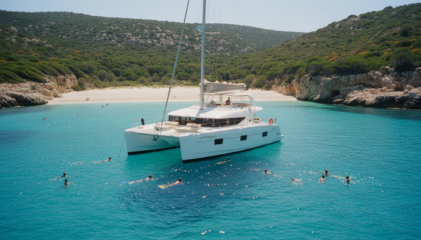 Luxus-Katamaran in türkisfarbener Bucht, Schwimmer und Schnorchler am Strand – ideal für sardinien yacht tagescharter.