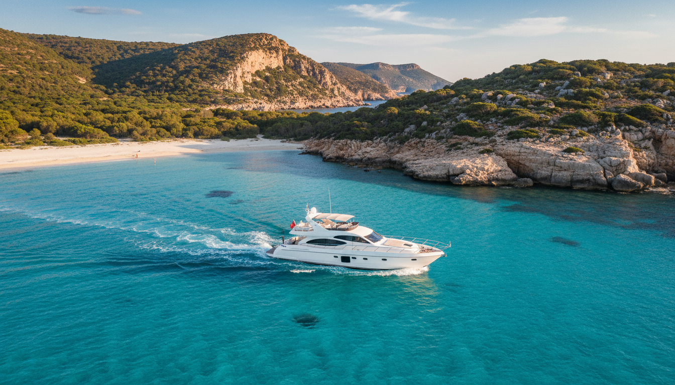 Sardinien yacht tagescharter: Luxusyacht gleitet in Goldstunde über türkisblaues Meer und weiße Strände