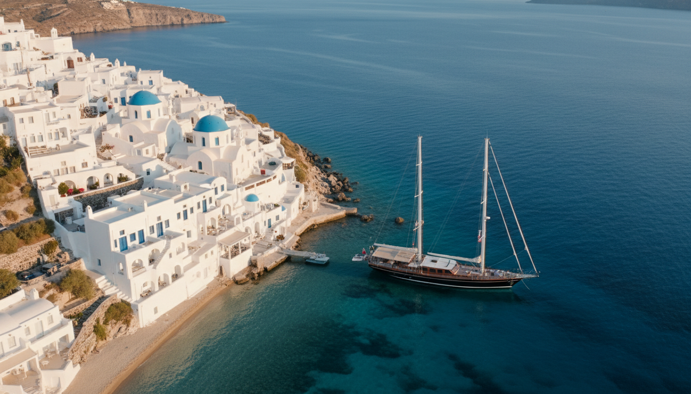 Segeln Griechenland - Kykladen: Luxusyacht & Meer Luftaufnahme: Segeln Griechenland – weiße Kykladenhäuser mit blauen Kuppeln und Luxusyacht in türkisner Bucht