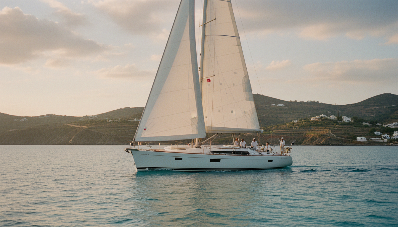 Segeln Griechenland Yacht bei Abendsonne Foto einer Segelyacht vor griechischen Inseln, weisse Segel, tuerkisblaues Wasser, Crew entspannt beim segeln griechenland.