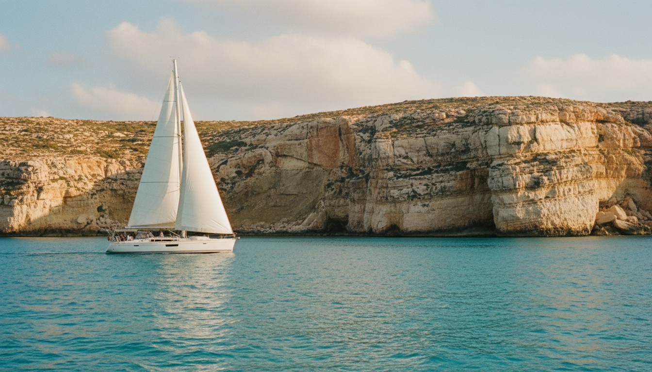 Weiße Segelyacht segelt nahe malta im april, türkisfarbenes Mittelmeer und Kalkklippen im sonnigen Frühlingslicht