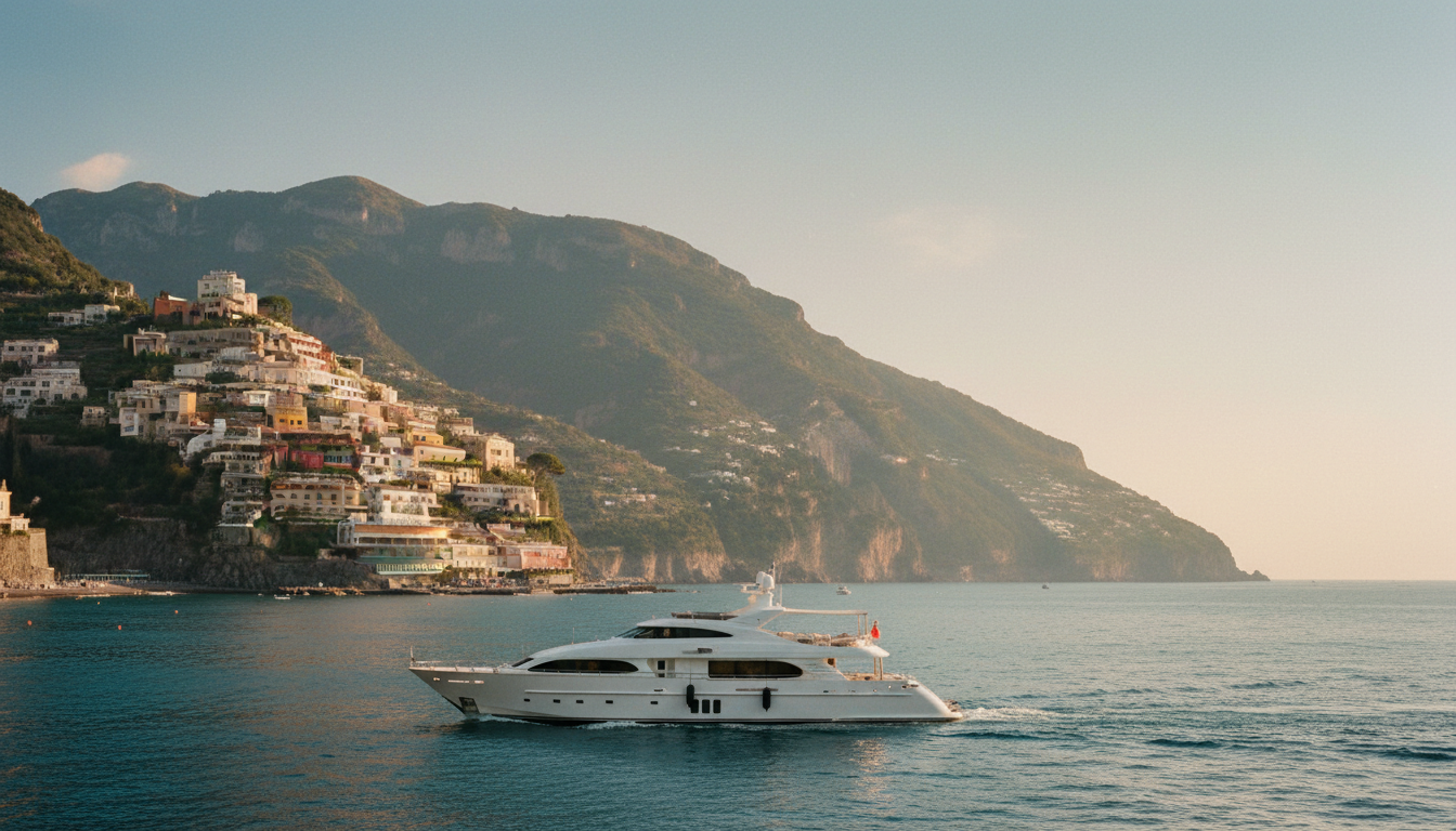 Weiße Luxusyacht segelt vor der Amalfi Küste mit Positano, türkisfarbenem Meer und Zitronenhainen