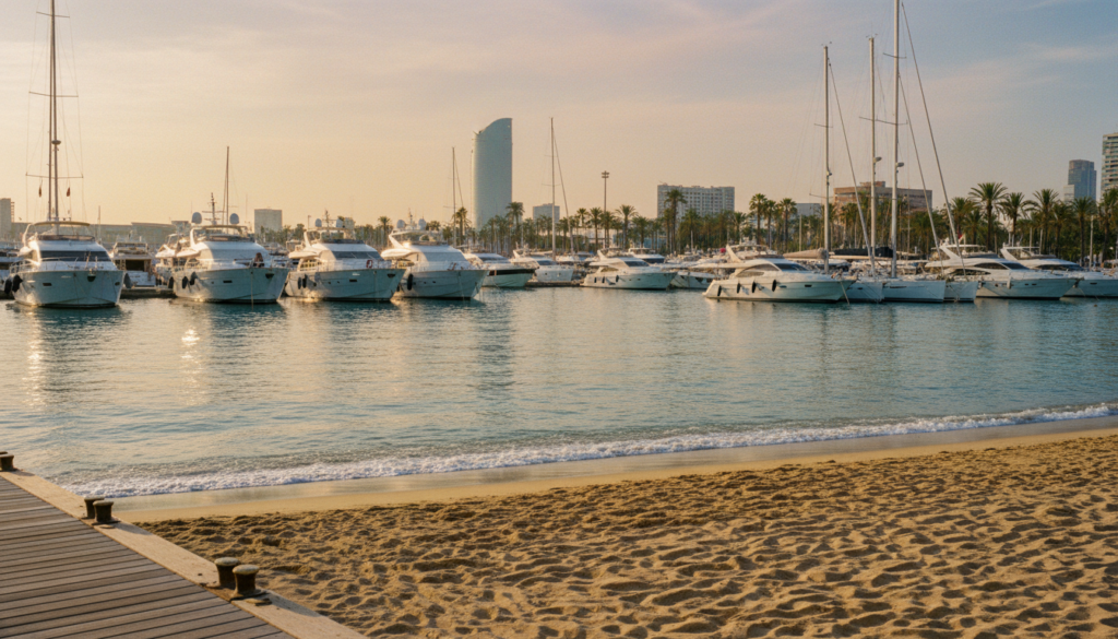Luxusyachten und Segelboote im Hafen von Barceloneta, türkisfarbenes Meer, goldener Sandstrand und Palmen im Gegenlicht.