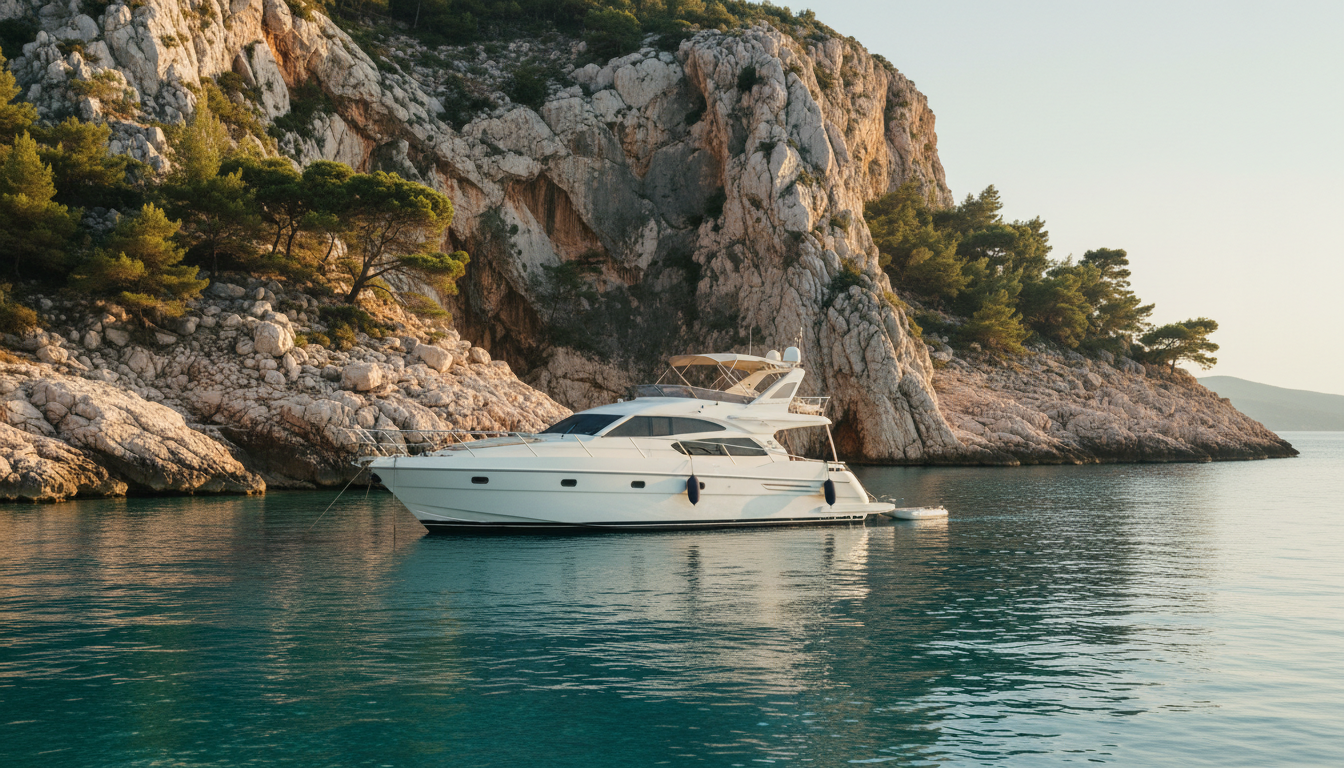 Weiße Luxusyacht ankert in kristallklarer, türkisfarbener Bucht zwischen Kalkklippen – beste Buchten Kroatien.