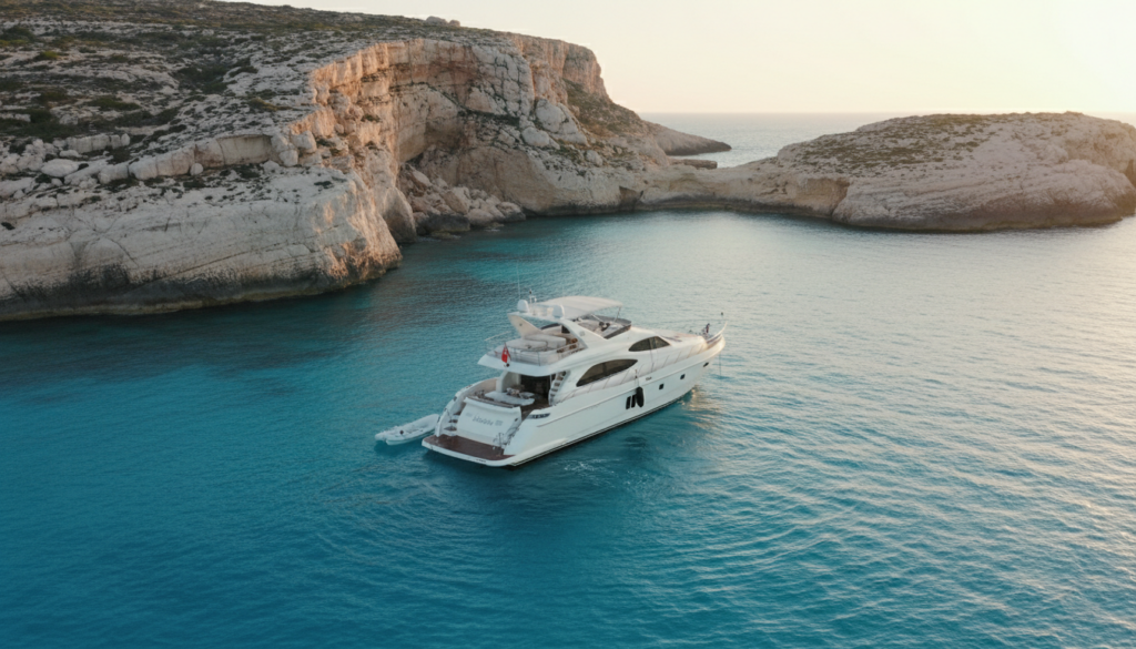 Weisse Luxusyacht ankert im kristallklaren Tuerkis der Blue Lagoon Comino, blue lagoon comino yacht im Abendlicht.