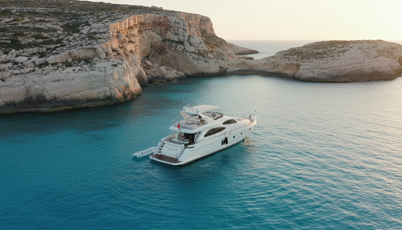 Weisse Luxusyacht ankert im kristallklaren Tuerkis der Blue Lagoon Comino, blue lagoon comino yacht im Abendlicht.