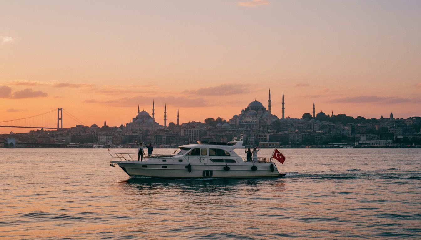 bosporus sonnenuntergang cruise: Elegante Yacht segelt vor Istanbuler Skyline mit Moscheen und warmem Filmlicht