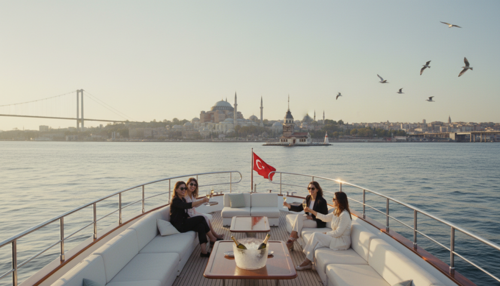 Elegante bosporus yachttour: weiße Luxusyacht auf goldenem Bosporus, Istanbuls Skyline mit Maiden Tower und Gästen