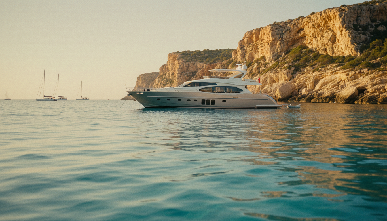 Luxusyacht ankert in türkisfarbenem Wasser bei Cala Comte – cala comte ankerplätze, goldene Klippen im warmen Abendlicht