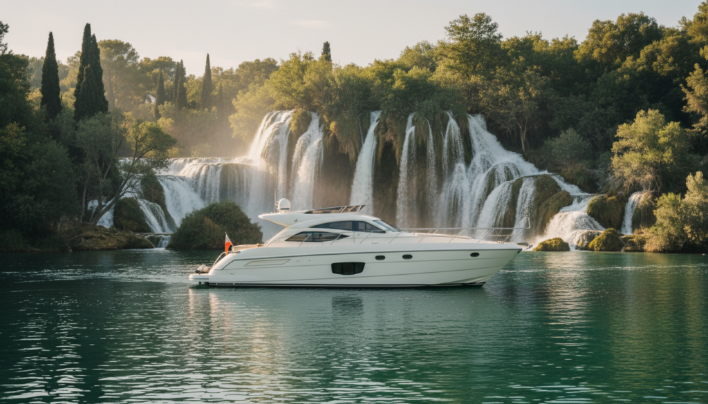 Weiße Luxusyacht segelt auf smaragdgrünem Krka-Fluss vor dramatischen Wasserfällen im Nationalpark Krka