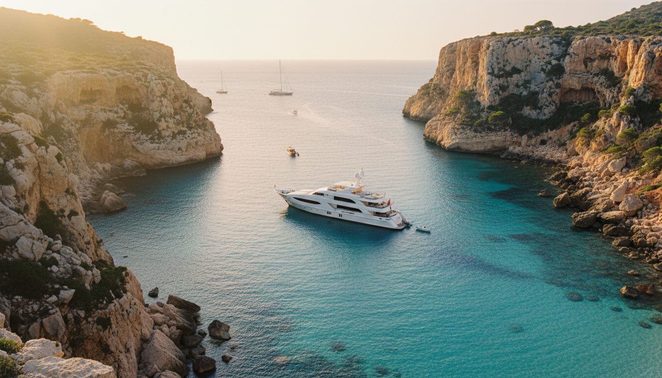 Geheimtipps Ibiza: Weiße Luxusyacht in versteckter Bucht, türkisblaues Wasser, goldener Sonnenuntergang und felsige Klippen.