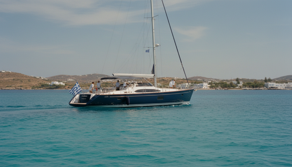 Griechenland Yacht mit Crew segelt durch türkisblaues Wasser vor weißen Kykladenhäusern, erfahrene Crew auf Deck.