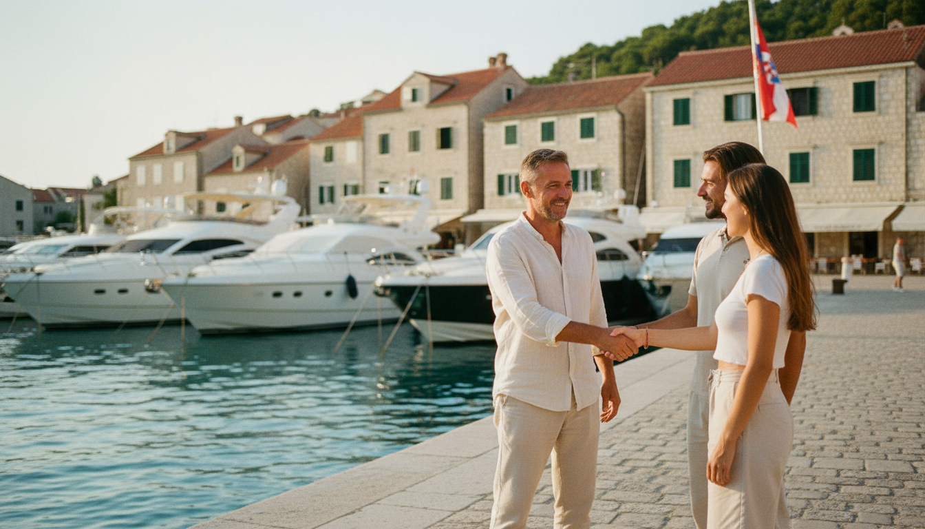 Ein Einheimischer sagt hallo auf kroatisch und begrüßt Touristen am sonnigen Yachthafen der Adria.