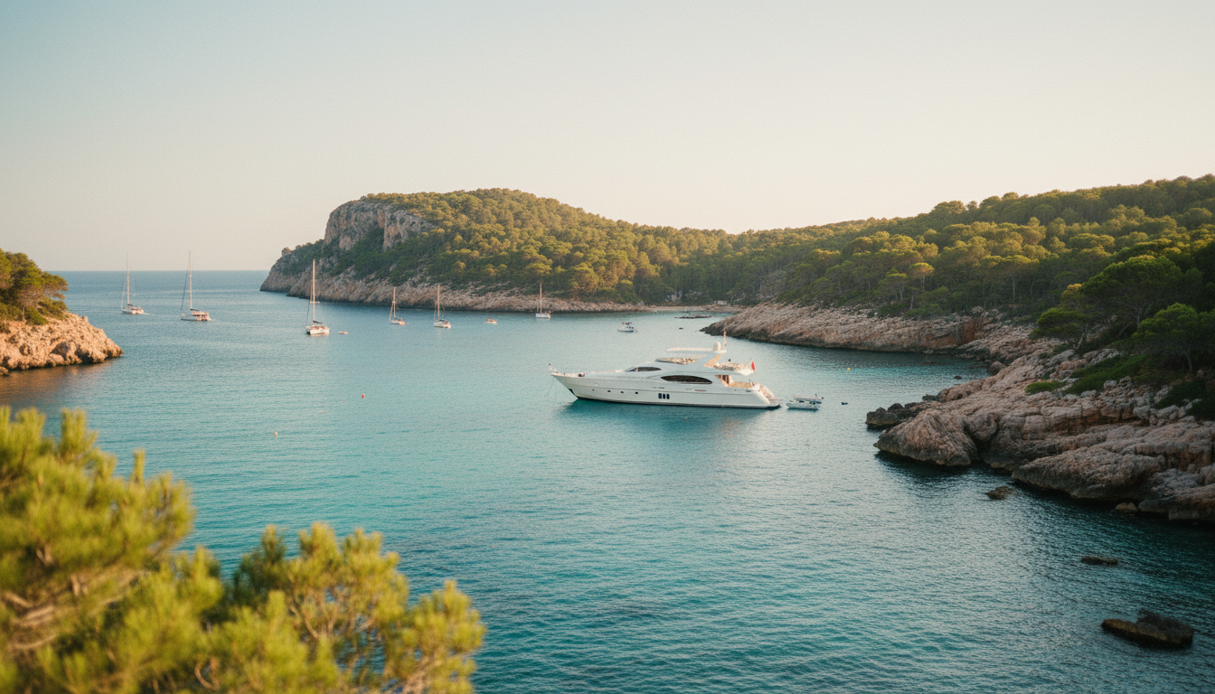 Luxusyacht in türkisfarbener Ibiza-Bucht, Küstenblick — ibiza buchten mit boot, warme Filmtöne, ruhige Stimmung