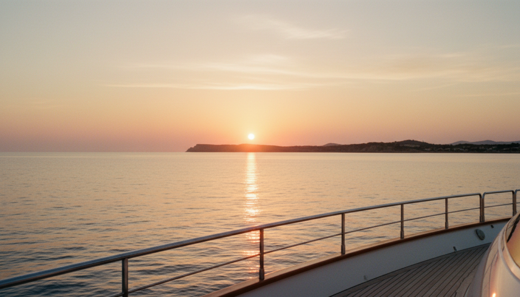Ibiza Sonnenuntergang vom Meer vom Yachtdeck: goldenes, pastelliges Licht auf ruhiger See, Yachtgeländer im Vordergrund.