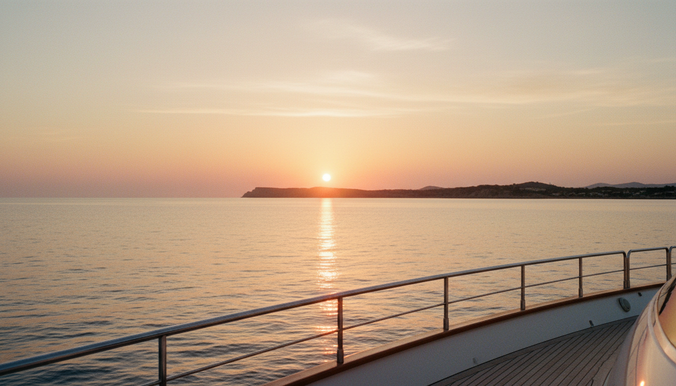 Ibiza Sonnenuntergang vom Meer vom Yachtdeck: goldenes, pastelliges Licht auf ruhiger See, Yachtgeländer im Vordergrund.